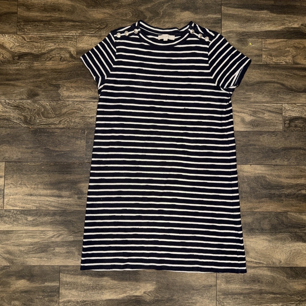 LOFT Striped T-Shirt Dress Women's Size XL Nautical Shoulder Buttons Striped